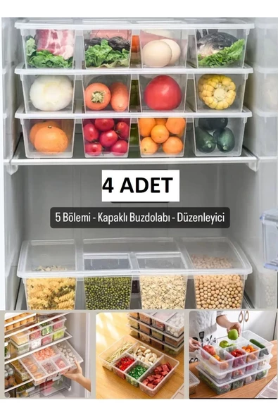 4 Adet Luna Kapaklı 5 Bölmeli Buzdolabı Düzenleyici Sebzelik - Et Balık Sebze Organizer