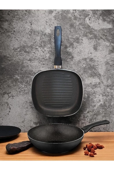 Granit 2'li Tava Set - 28 Cm Wok Tava Ve 26 Cm Griil Çizgili Izgara Tavası