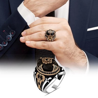 Siyah Taşlı Palmiye Desenli 925 Gümüş Erkek Yüzük - Resim 7