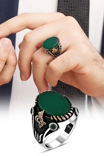 Yeşil Akik Taşlı Tuğra Desenli Gümüş Erkek Yüzük