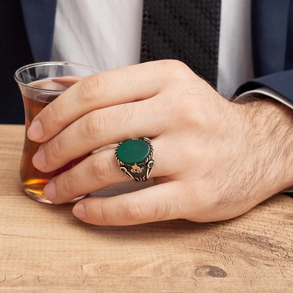 Yeşil Akik Taşlı Tuğra Desenli Gümüş Erkek Yüzük - 5