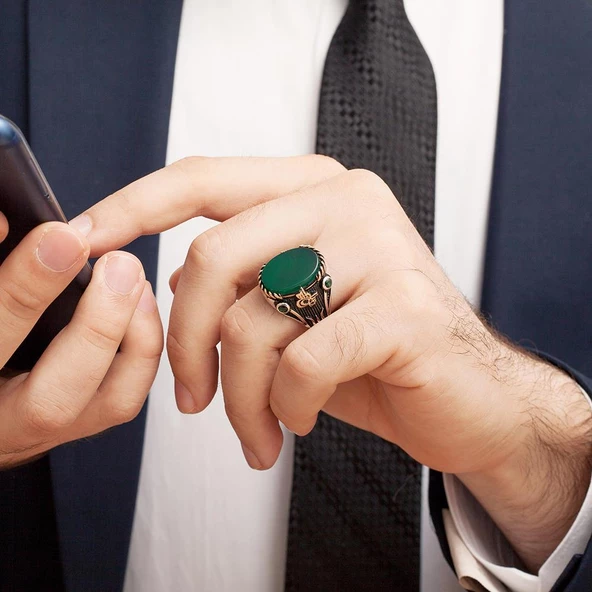 Yeşil Akik Taşlı Tuğra Desenli Gümüş Erkek Yüzük - 2