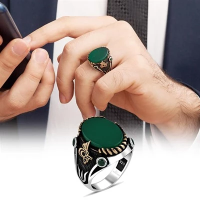 Yeşil Akik Taşlı Tuğra Desenli Gümüş Erkek Yüzük - 9