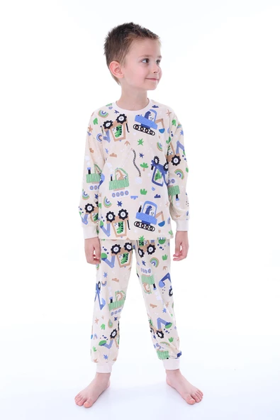 Work Machines Dino Desenli Erkek Pijama Takımı - 4