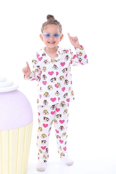 Sevimli Chip Dale Baskılı Düğmeli %100 Pamuk Kız Çocuk Pijama Takımı - Resim 3