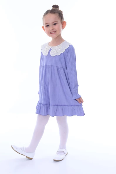 Dantel Yakalı Büzgülü Uzun Kol Lila Kız Çocuk Elbise - Resim 2