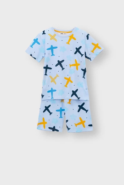 Aeroplane Desenli T-Shirt-Şort Çocuk Pijama Takım