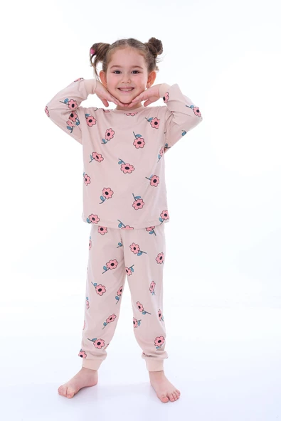 Çiçek Desenli Pembe Kız Çocuk Pijama Takımı - Resim 3