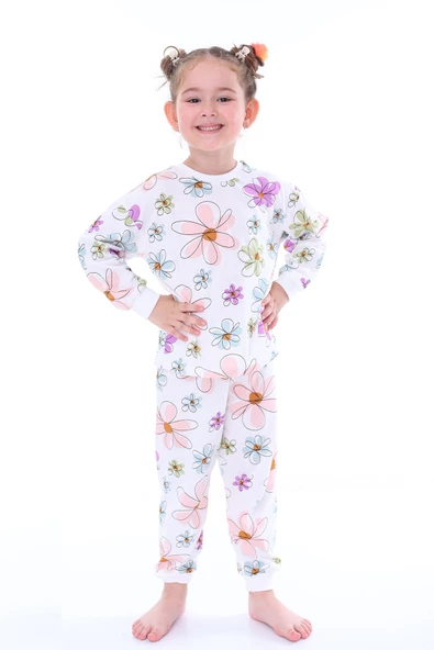 Renkli Papatya Desenli Kız Çocuk Pijama Takımı - Resim 2