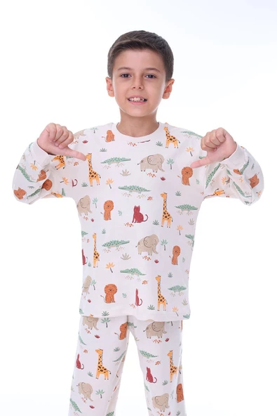 Animaux Desenli %100 Pamuk Unisex Çocuk Pijama Takımı - Resim 2