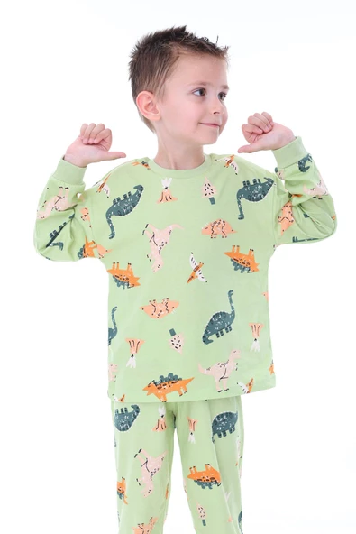 Dino Desenli Yeşil Erkek Pijama Takımı - Resim 4