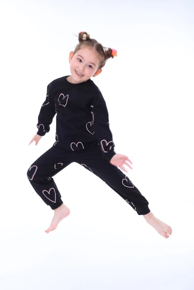Kalp Desenli Siyah Kız Çocuk Pijama Takımı - 4