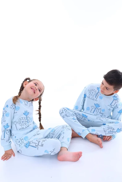 Lion Tiger Mavi Desenli Erkek Çocuk Pijama Takımı - 3