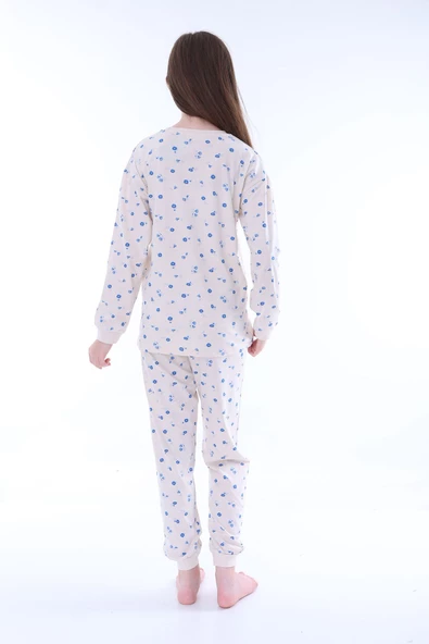 Minimal Çiçek Detaylı Mavi Kız Çocuk Pijama Takımı - 5