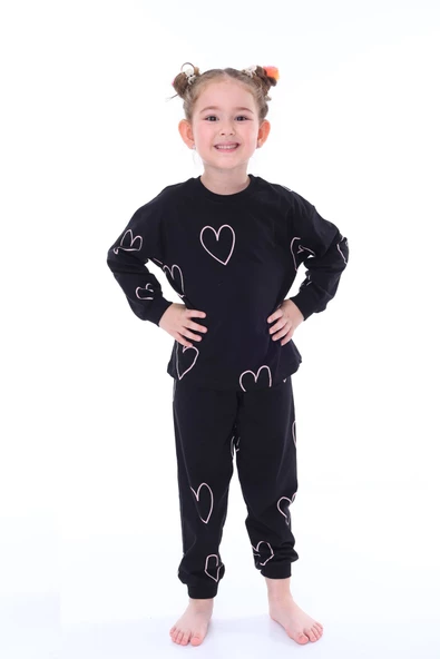 Kalp Desenli Siyah Kız Çocuk Pijama Takımı - 2