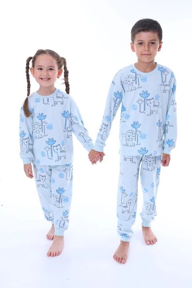 Lion Tiger Mavi Desenli Erkek Çocuk Pijama Takımı