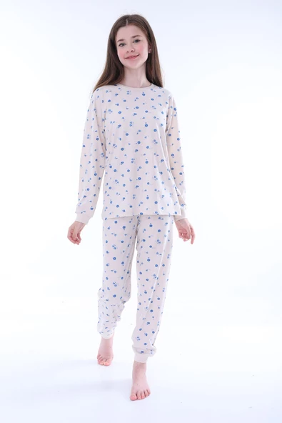 Minimal Çiçek Detaylı Mavi Kız Çocuk Pijama Takımı