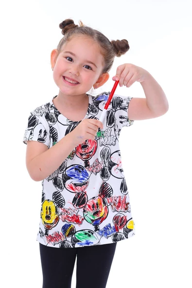 Summer Mickeyli Kız Çocuk T-shirt (BOYANABİLİR KALEMLERİ HEDİYE ! YIKAMA SONRASI LEKE BIRAKMAZ) - 4