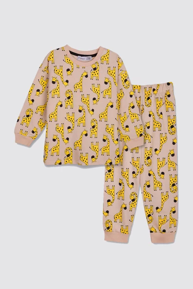 Sevimli Zürafa Desenli %100 Pamuk Unisex Çocuk Pijama Takımı