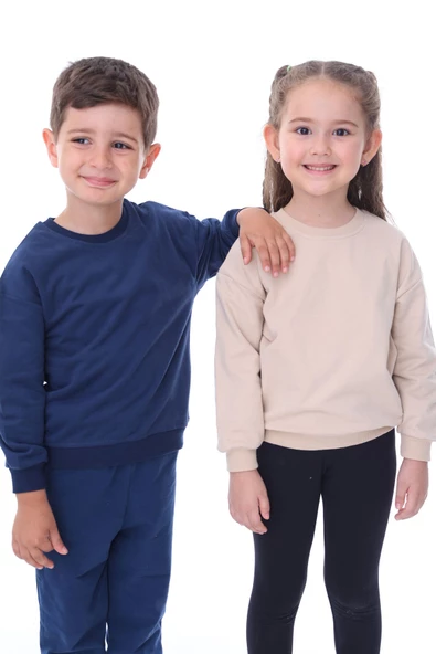 Basic Düz Renk Bej Fırçalı Yumuşak %100 Pamuk Sweatshirt - Resim 4