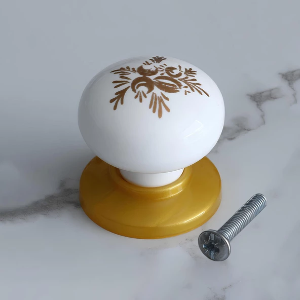 Polimer Düğme Kulp Beyaz Desenli Tablalı Gold Dolap Mobilya Mutfak Dolabı Çekmece Dolap Kulpu Kulbu - 5