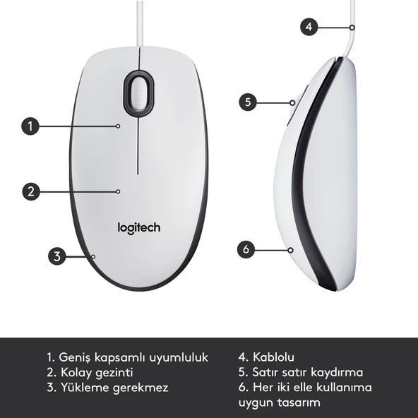 Logitech M100 Kablolu 1.000 DPI USB Mouse - Beyaz - 5