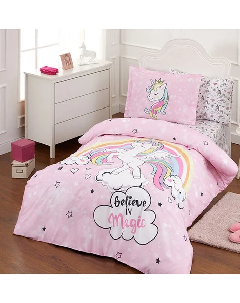 Özdilek Ranforce Fitted Çarşaflı Tek Kişilik Çocuk Nevresim Takımı-Unicorn Pembe