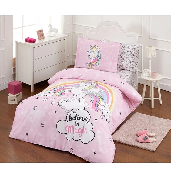 Özdilek Ranforce Fitted Çarşaflı Tek Kişilik Çocuk Nevresim Takımı-Unicorn Pembe - 2