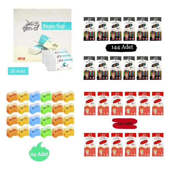 Gen-Of Kurşun Kalem Seti Kırmızı Kopya Kalemi 144 Adet Beyaz Silgi 30 Adet Kalemtıraş 24 Adet ürün görseli
