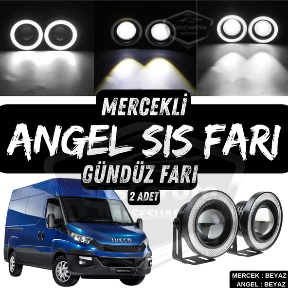 Iveco Daily Uyumlu Üniversal Mercekli Angel Sis Farı Metal Su Geçirmez 76 mm Beyaz Halkalı Gündüz Farı Angel Eyes 2 Adet