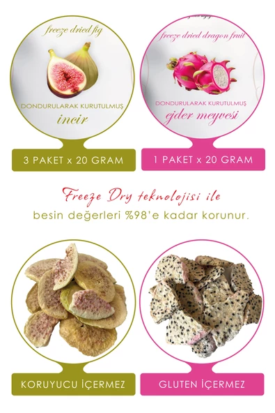 Dondurularak Kurutulmuş İncir ve Beyaz Ejder Meyvesi - Freeze Dried İncir (3 x 20 g) + Beyaz Ejder Meyvesi (1 x 20 g) - 2