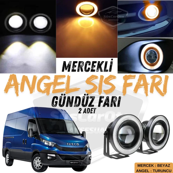 Iveco Daily Uyumlu Üniversal Mercekli Angel Sis Farı Metal Su Geçirmez 76 mm Turuncu Halkalı Gündüz Farı Angel Eyes 2 Adet