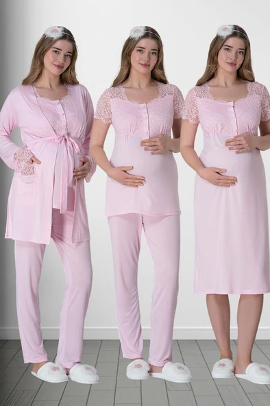 Mecit 6062 Pembe Sabahlıklı Gecelik Pijama Lohusa Set - Resim 6