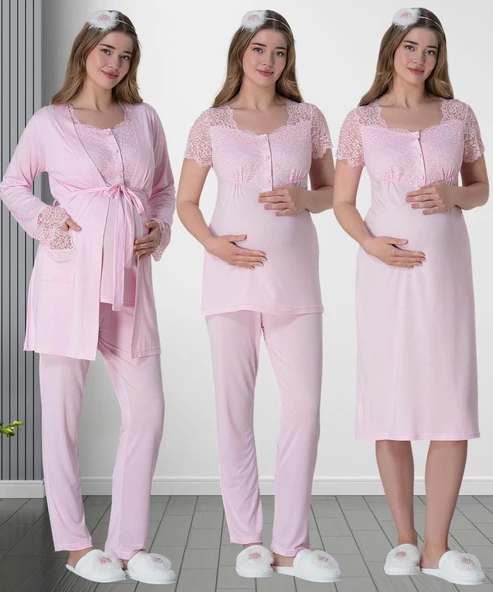 Mecit 6062 Pembe Sabahlıklı Gecelik Pijama Lohusa Set - Resim 5