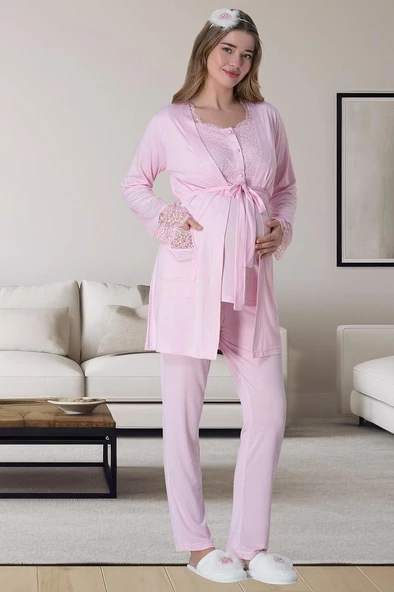 Mecit 6062 Pembe Sabahlıklı Gecelik Pijama Lohusa Set - Resim 2