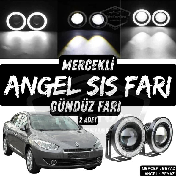Renault Fluence 2009-2016 Uyumlu Üniversal Mercekli Angel Sis Farı Metal Su Geçirmez 76 mm Beyaz Halkalı Gündüz Farı Angel Eyes 2 Adet ürün görseli 1