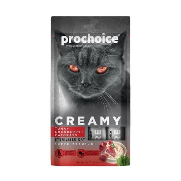 Prochoice Creamy Kısırlaştırılmış Kediler İçin Ton Balıklı Kızılcıklı Kedi Çimi İçerikli Sıvı Kedi Ödül 4x15 gr