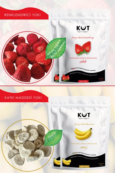 Dondurularak Kurutulmuş Çilek ve Muz - Freeze Dried Çilek (2 x 20 g) + Freeze Dried Muz (2 x 20 g) - 2
