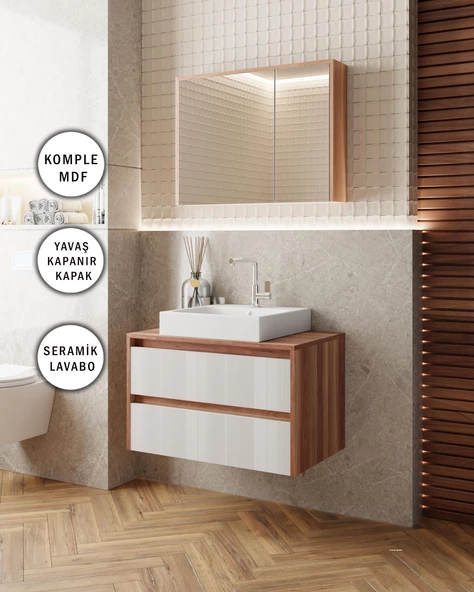 Karen Banyo Loon 80 Cm Tezgah Üstü Lavabolu banyo dolabı Seti Komple Mdf