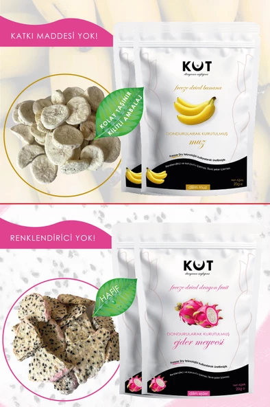 Dondurularak Kurutulmuş Muz ve Beyaz Ejder Meyvesi - Freeze Dried Beyaz Ejder Meyvesi (2 x 20 g) + Muz (2 x 20 g) - 2