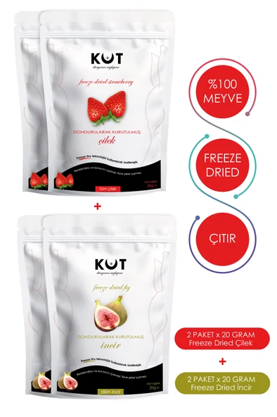 Dondurularak Kurutulmuş (Freeze Dried) Çilek ve İncir - Freeze Dried Çilek (2 paket - 20 g.) + Freeze Dried İncir (2 paket - 20 g.)