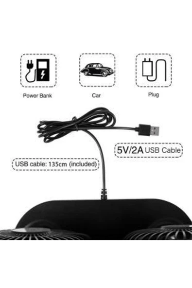 3 Kademeli Çift Başlı 360 ° Dönebilen Araç Fanı Oto Fan Vantilatör Usbli - 2