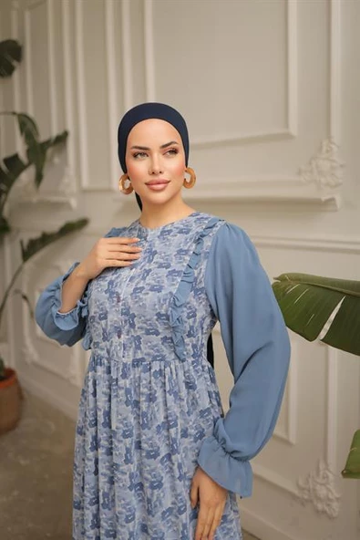 FIRFIRLI GARNİ ŞİFON ELBİSE MAVİ - 2