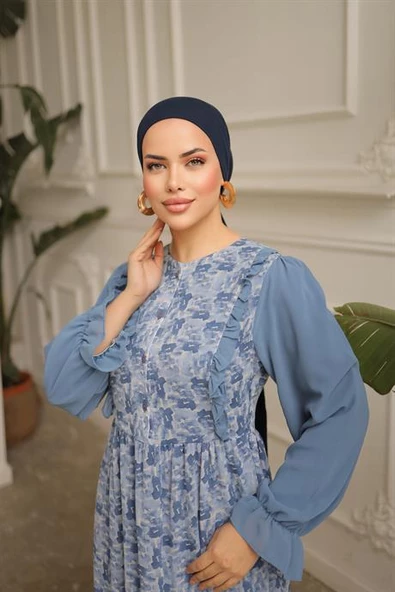 FIRFIRLI GARNİ ŞİFON ELBİSE MAVİ - 3