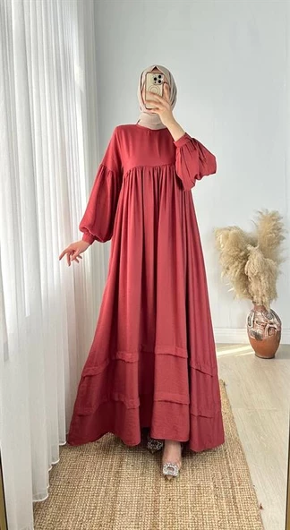 SALAŞ KETEN ELBİSE BORDO - 2