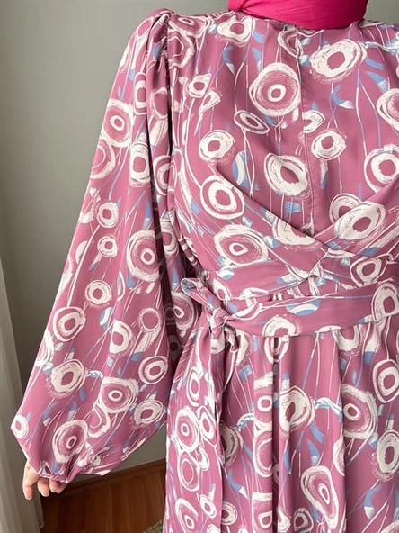 BAĞLAMALI YUVARLAK DESEN SATEN ELBİSE PEMBE - 3