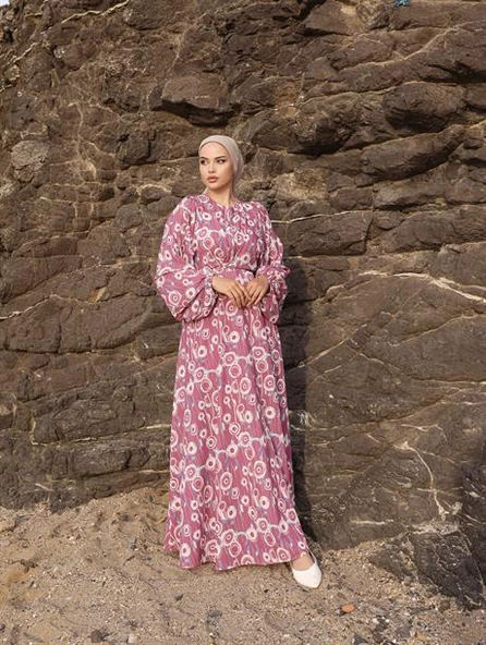 BAĞLAMALI YUVARLAK DESEN SATEN ELBİSE PEMBE - 2