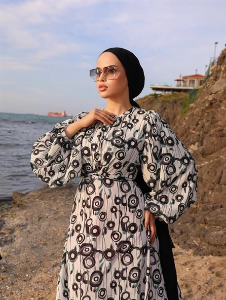 BAĞLAMALI YUVARLAK DESEN SATEN ELBİSE BEYAZ - 5