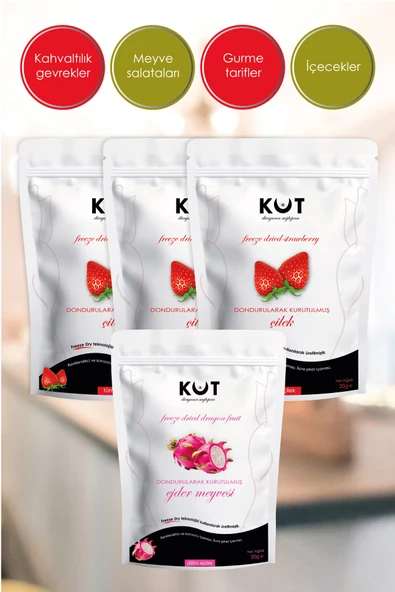 Dondurularak Kurutulmuş Çilek ve Beyaz Ejder Meyvesi - Freeze Dried Çilek (3 x 20 g) + Beyaz Ejder Meyvesi (1 x 20 g) - 3