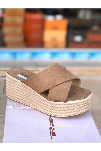 Dolgu Hasır Topuk Terlik Süet Siyah Nude - Resim 4